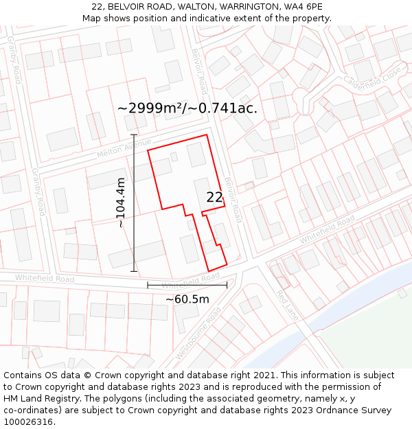 22, BELVOIR ROAD, WALTON, WARRINGTON, WA4 6PE: Plot and title map