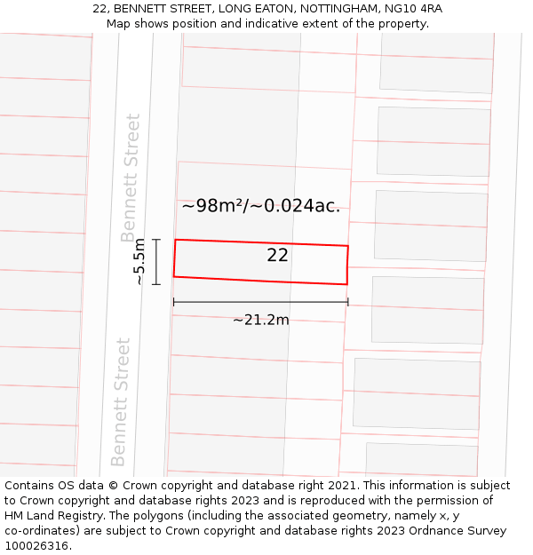 22, BENNETT STREET, LONG EATON, NOTTINGHAM, NG10 4RA: Plot and title map