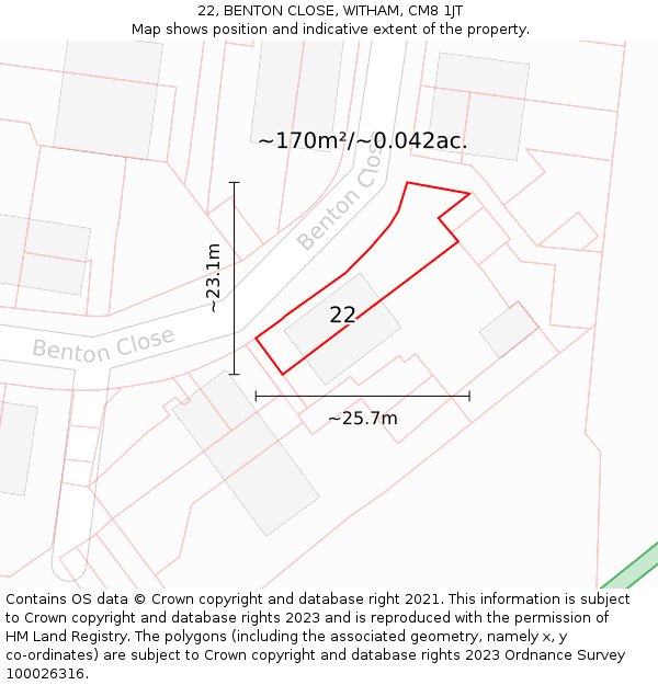 22, BENTON CLOSE, WITHAM, CM8 1JT: Plot and title map