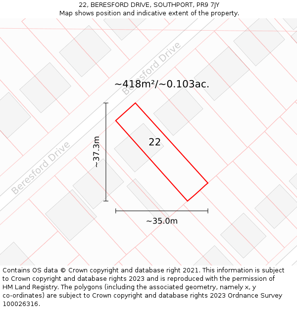 22, BERESFORD DRIVE, SOUTHPORT, PR9 7JY: Plot and title map