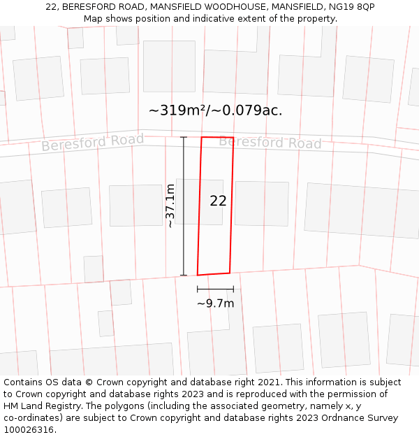 22, BERESFORD ROAD, MANSFIELD WOODHOUSE, MANSFIELD, NG19 8QP: Plot and title map