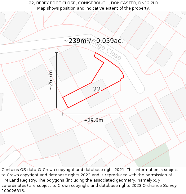 22, BERRY EDGE CLOSE, CONISBROUGH, DONCASTER, DN12 2LR: Plot and title map