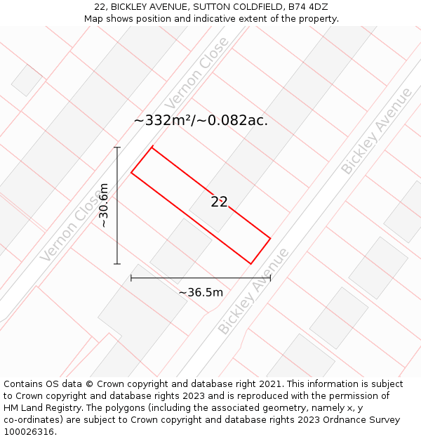 22, BICKLEY AVENUE, SUTTON COLDFIELD, B74 4DZ: Plot and title map