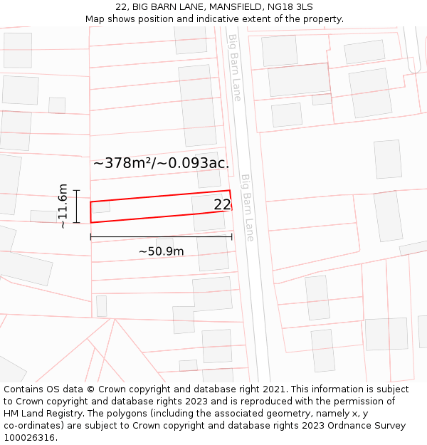 22, BIG BARN LANE, MANSFIELD, NG18 3LS: Plot and title map