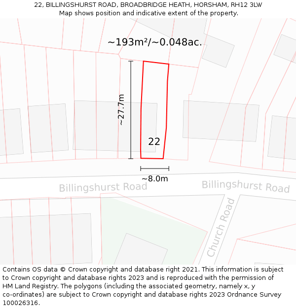 22, BILLINGSHURST ROAD, BROADBRIDGE HEATH, HORSHAM, RH12 3LW: Plot and title map