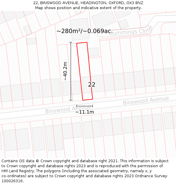 22, BINSWOOD AVENUE, HEADINGTON, OXFORD, OX3 8NZ: Plot and title map