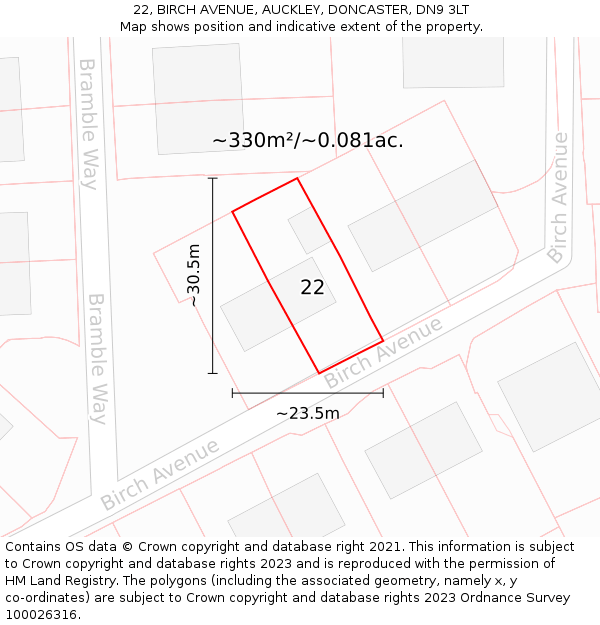 22, BIRCH AVENUE, AUCKLEY, DONCASTER, DN9 3LT: Plot and title map