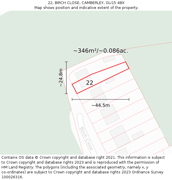 22, BIRCH CLOSE, CAMBERLEY, GU15 4BX: Plot and title map