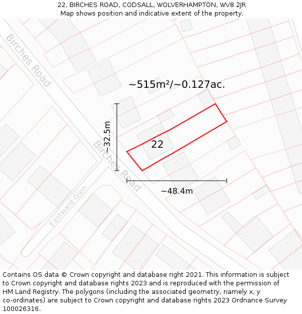 22, BIRCHES ROAD, CODSALL, WOLVERHAMPTON, WV8 2JR: Plot and title map