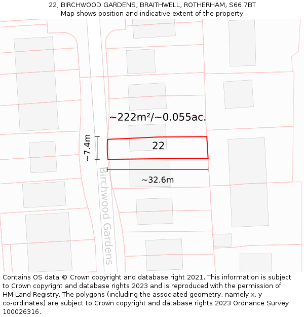 22, BIRCHWOOD GARDENS, BRAITHWELL, ROTHERHAM, S66 7BT: Plot and title map