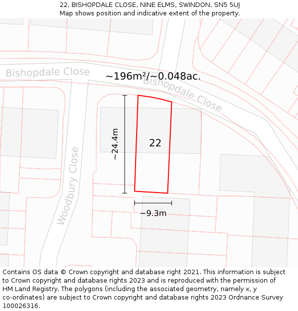 22, BISHOPDALE CLOSE, NINE ELMS, SWINDON, SN5 5UJ: Plot and title map