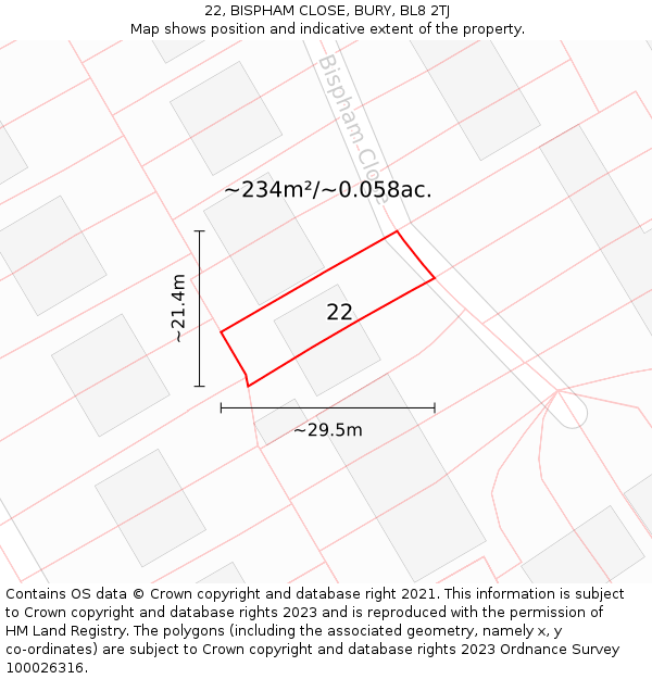 22, BISPHAM CLOSE, BURY, BL8 2TJ: Plot and title map