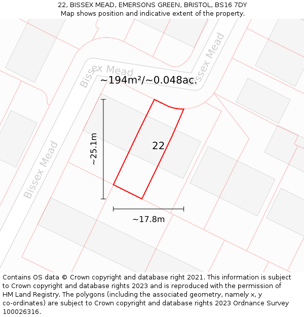 22, BISSEX MEAD, EMERSONS GREEN, BRISTOL, BS16 7DY: Plot and title map