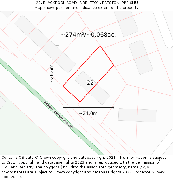 22, BLACKPOOL ROAD, RIBBLETON, PRESTON, PR2 6NU: Plot and title map