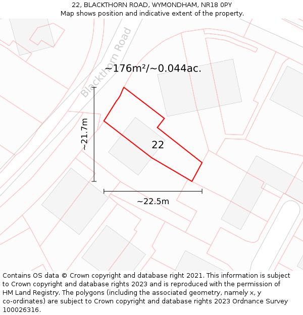 22, BLACKTHORN ROAD, WYMONDHAM, NR18 0PY: Plot and title map