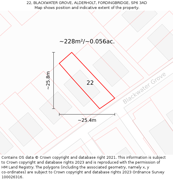 22, BLACKWATER GROVE, ALDERHOLT, FORDINGBRIDGE, SP6 3AD: Plot and title map