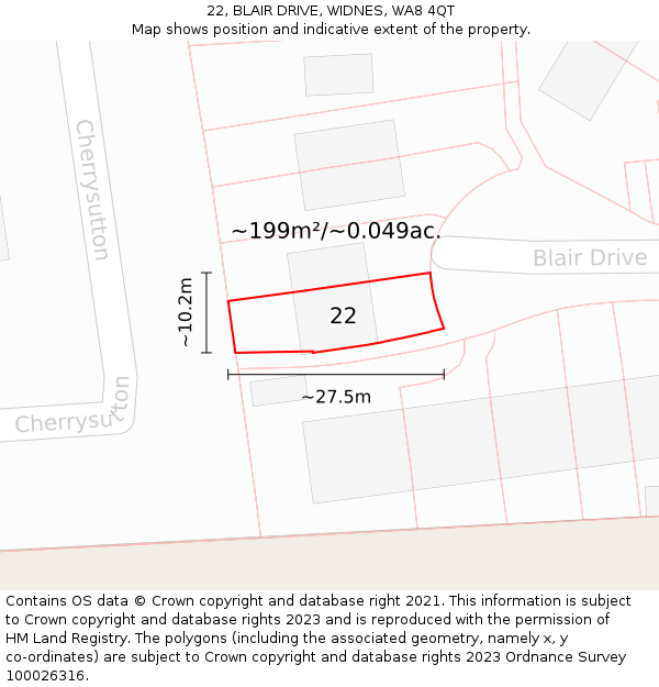 22, BLAIR DRIVE, WIDNES, WA8 4QT: Plot and title map