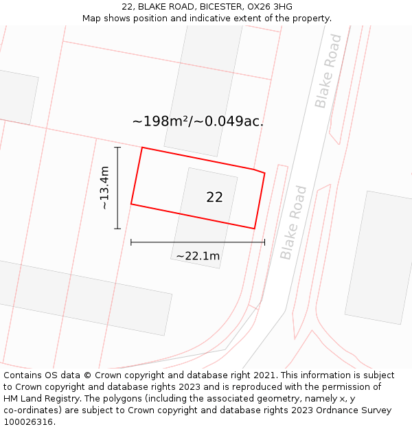 22, BLAKE ROAD, BICESTER, OX26 3HG: Plot and title map