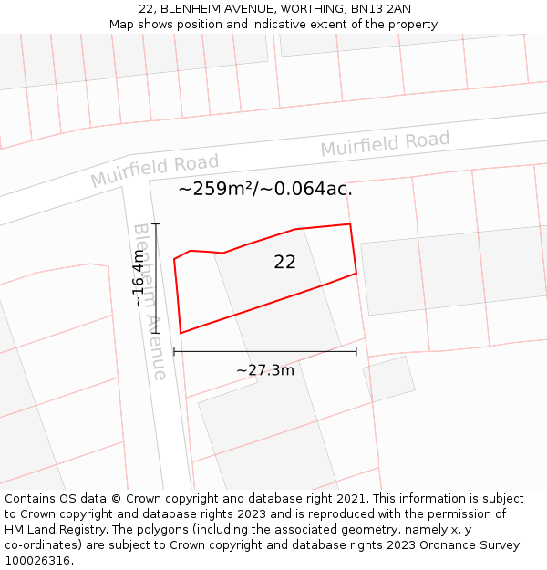 22, BLENHEIM AVENUE, WORTHING, BN13 2AN: Plot and title map