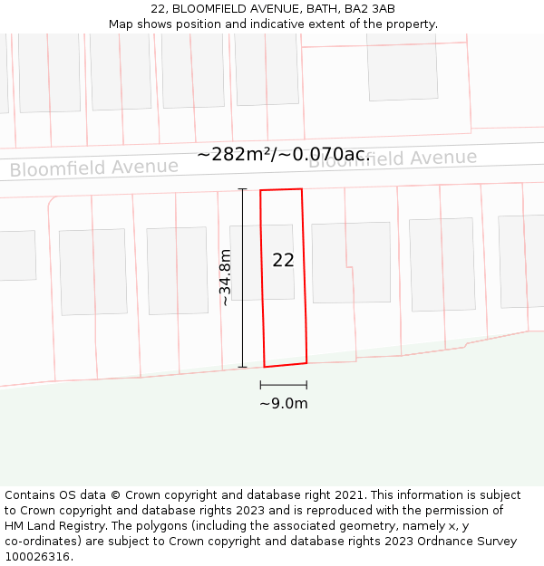 22, BLOOMFIELD AVENUE, BATH, BA2 3AB: Plot and title map