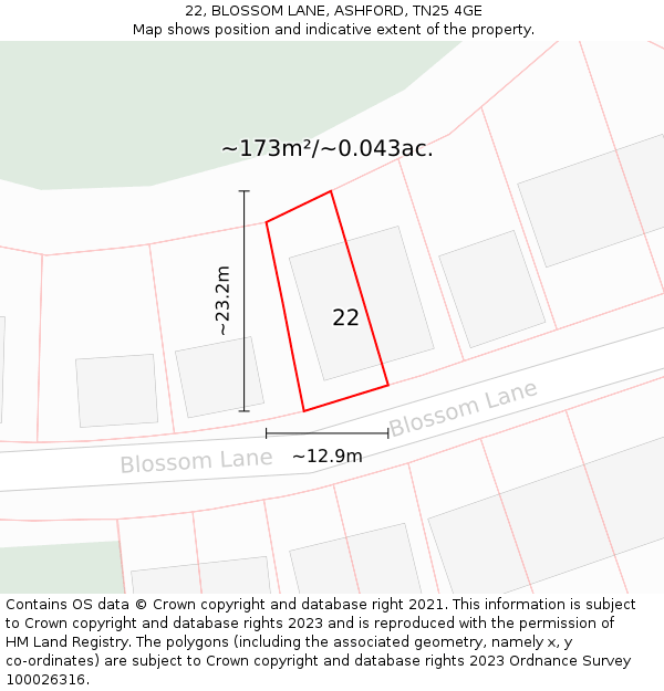 22, BLOSSOM LANE, ASHFORD, TN25 4GE: Plot and title map