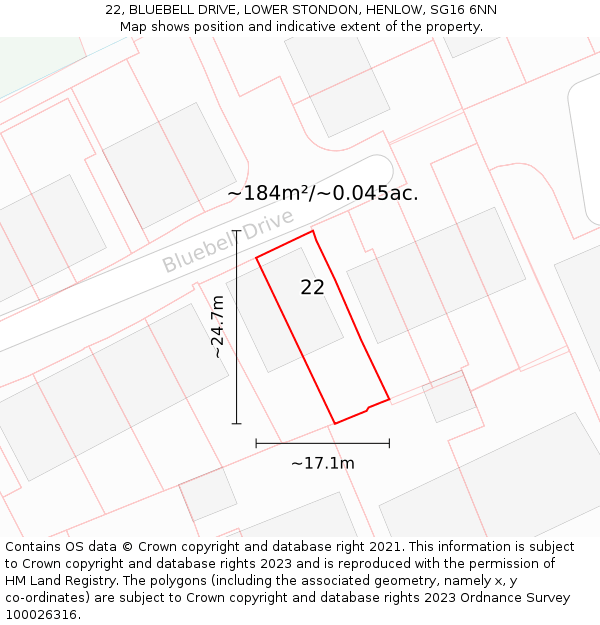 22, BLUEBELL DRIVE, LOWER STONDON, HENLOW, SG16 6NN: Plot and title map