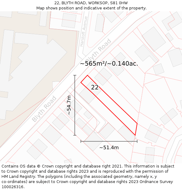 22, BLYTH ROAD, WORKSOP, S81 0HW: Plot and title map