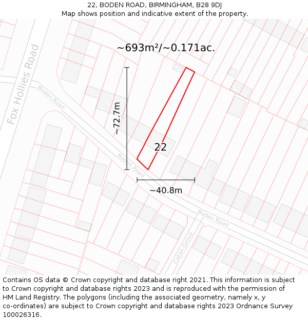 22, BODEN ROAD, BIRMINGHAM, B28 9DJ: Plot and title map