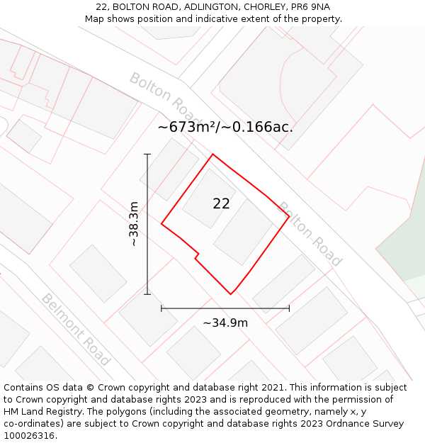 22, BOLTON ROAD, ADLINGTON, CHORLEY, PR6 9NA: Plot and title map