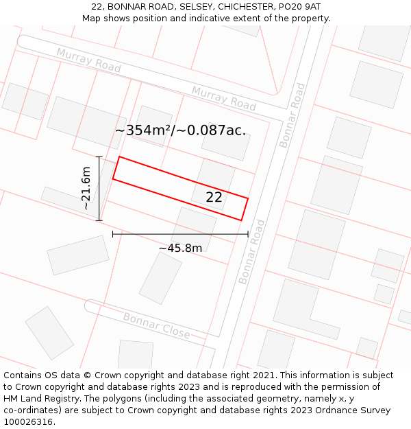 22, BONNAR ROAD, SELSEY, CHICHESTER, PO20 9AT: Plot and title map