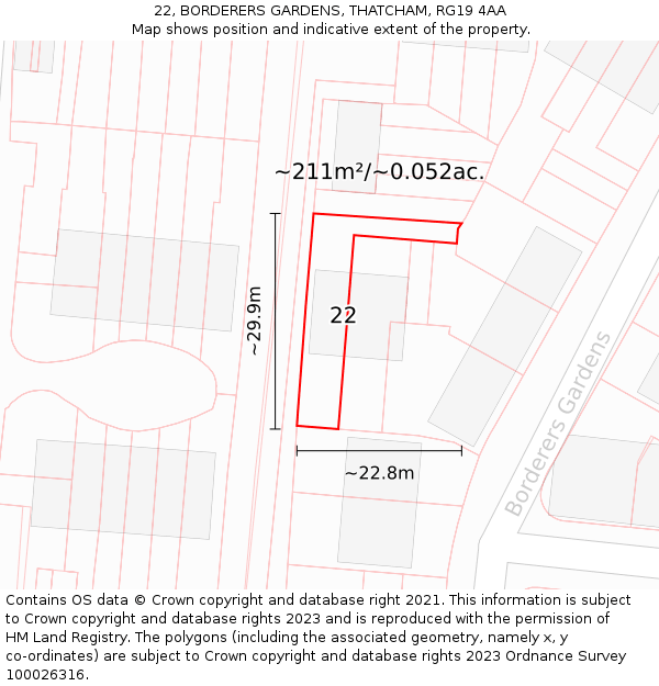 22, BORDERERS GARDENS, THATCHAM, RG19 4AA: Plot and title map