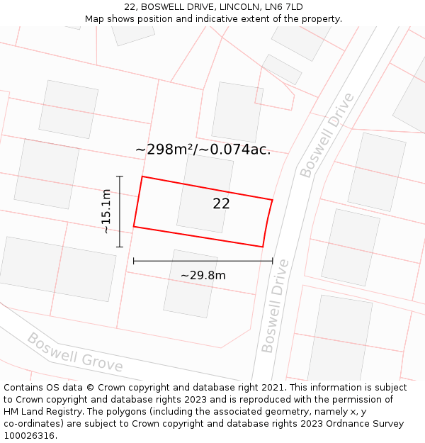 22, BOSWELL DRIVE, LINCOLN, LN6 7LD: Plot and title map