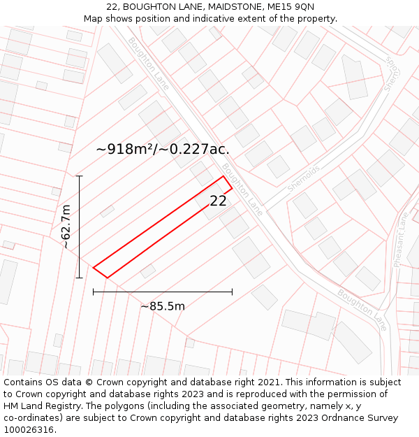 22, BOUGHTON LANE, MAIDSTONE, ME15 9QN: Plot and title map