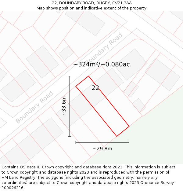 22, BOUNDARY ROAD, RUGBY, CV21 3AA: Plot and title map