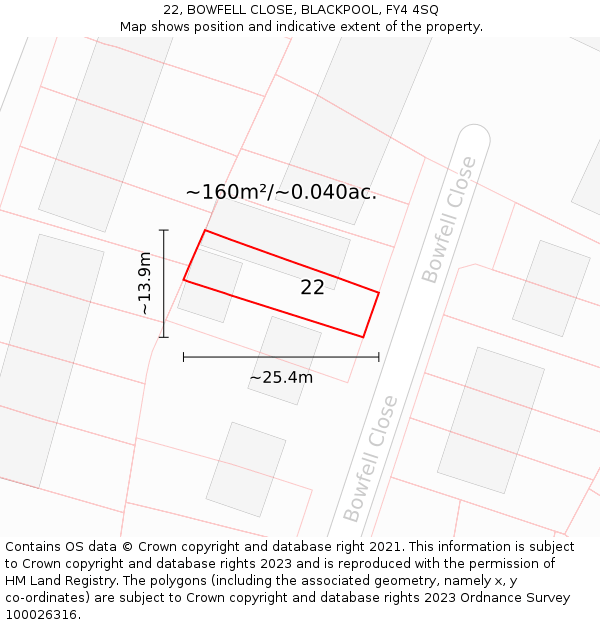 22, BOWFELL CLOSE, BLACKPOOL, FY4 4SQ: Plot and title map