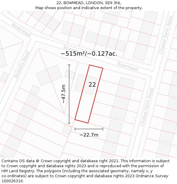 22, BOWMEAD, LONDON, SE9 3NL: Plot and title map