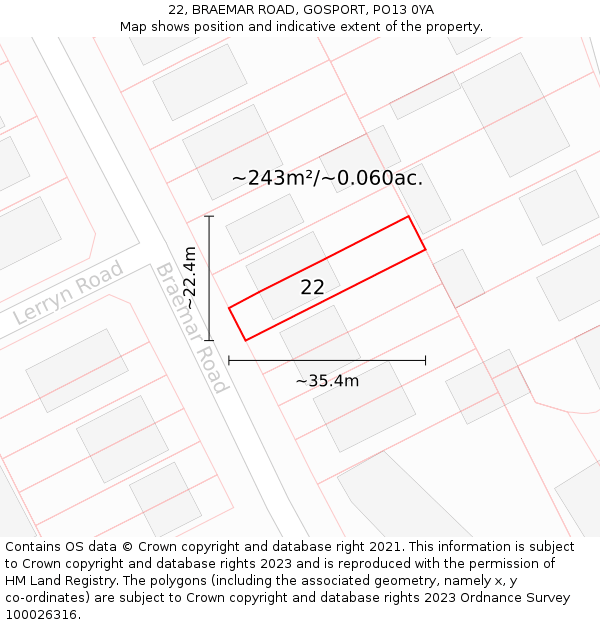 22, BRAEMAR ROAD, GOSPORT, PO13 0YA: Plot and title map