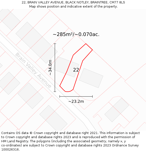 22, BRAIN VALLEY AVENUE, BLACK NOTLEY, BRAINTREE, CM77 8LS: Plot and title map