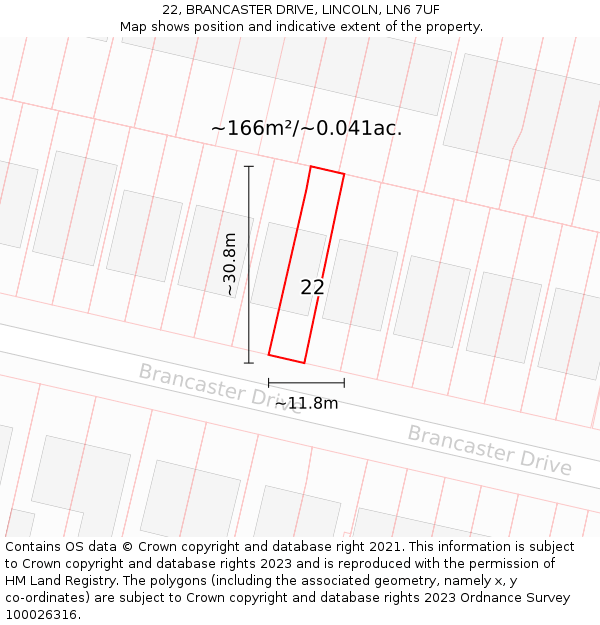 22, BRANCASTER DRIVE, LINCOLN, LN6 7UF: Plot and title map