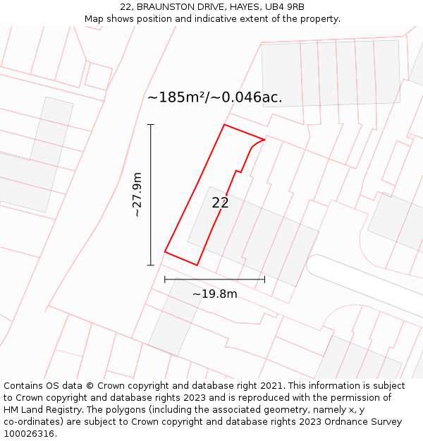 22, BRAUNSTON DRIVE, HAYES, UB4 9RB: Plot and title map