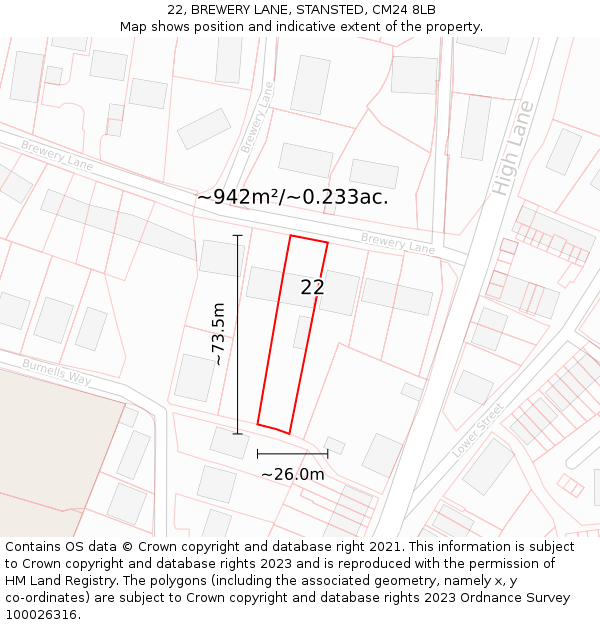 22, BREWERY LANE, STANSTED, CM24 8LB: Plot and title map