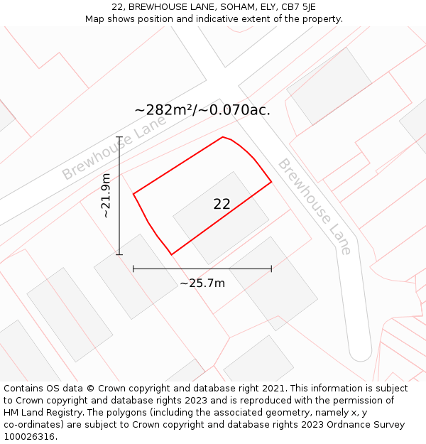 22, BREWHOUSE LANE, SOHAM, ELY, CB7 5JE: Plot and title map