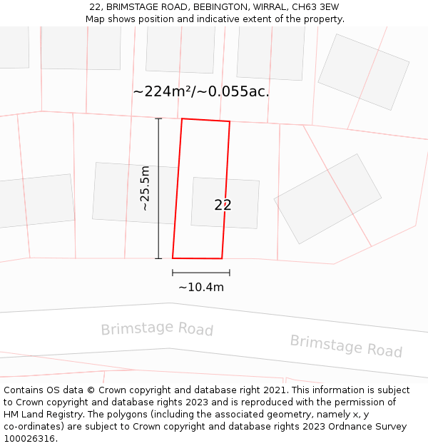 22, BRIMSTAGE ROAD, BEBINGTON, WIRRAL, CH63 3EW: Plot and title map