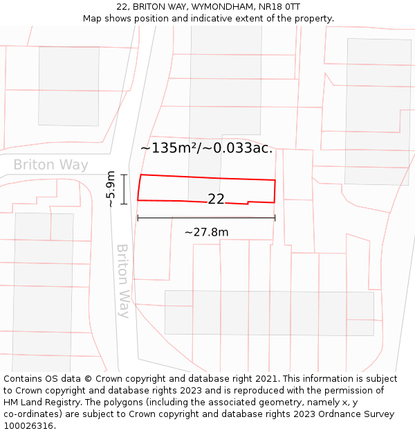 22, BRITON WAY, WYMONDHAM, NR18 0TT: Plot and title map