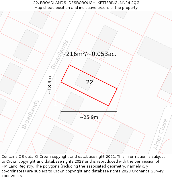 22, BROADLANDS, DESBOROUGH, KETTERING, NN14 2QG: Plot and title map