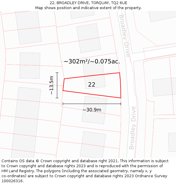 22, BROADLEY DRIVE, TORQUAY, TQ2 6UE: Plot and title map