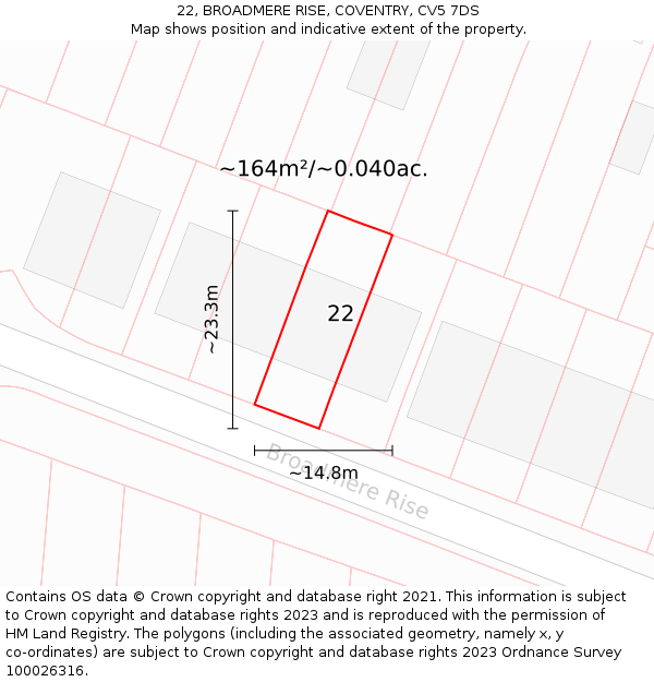 22, BROADMERE RISE, COVENTRY, CV5 7DS: Plot and title map