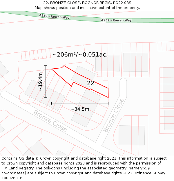 22, BRONZE CLOSE, BOGNOR REGIS, PO22 9RS: Plot and title map