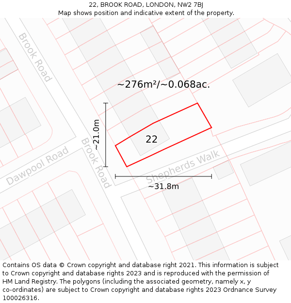 22, BROOK ROAD, LONDON, NW2 7BJ: Plot and title map