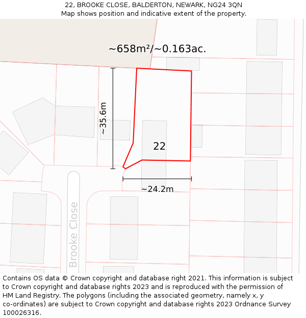 22, BROOKE CLOSE, BALDERTON, NEWARK, NG24 3QN: Plot and title map